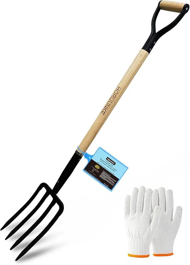 Garden Fork,4-Tine Pitchfork,Spading Digging Fork,Forged Steel Y-Grip, Wood Handle,45Inch by GreenHaven Gardens