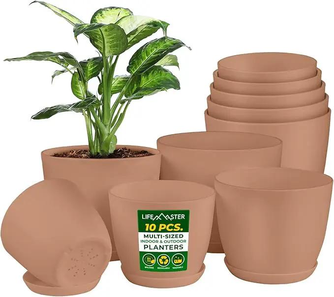 Planter Pots with Drainage Holes - Lightweight, Durable, and Space-Saving Pots for Indoor and Outdoor - Versatile Functionality, Simple Modern Design, Set of 10 Plastic Planter Pots - Pink by GreenHaven Gardens