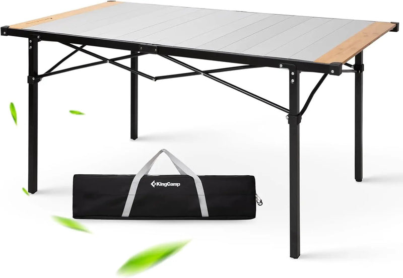 KingCamp Aluminum Folding Lightweight Roll Portable Stable Table for Camping Picnic Barbecue Backyard Party, Indoor & Outdoor, Oversize, Silver Black (Extended Pro, #6P Bamboo) by GreenHaven Gardens