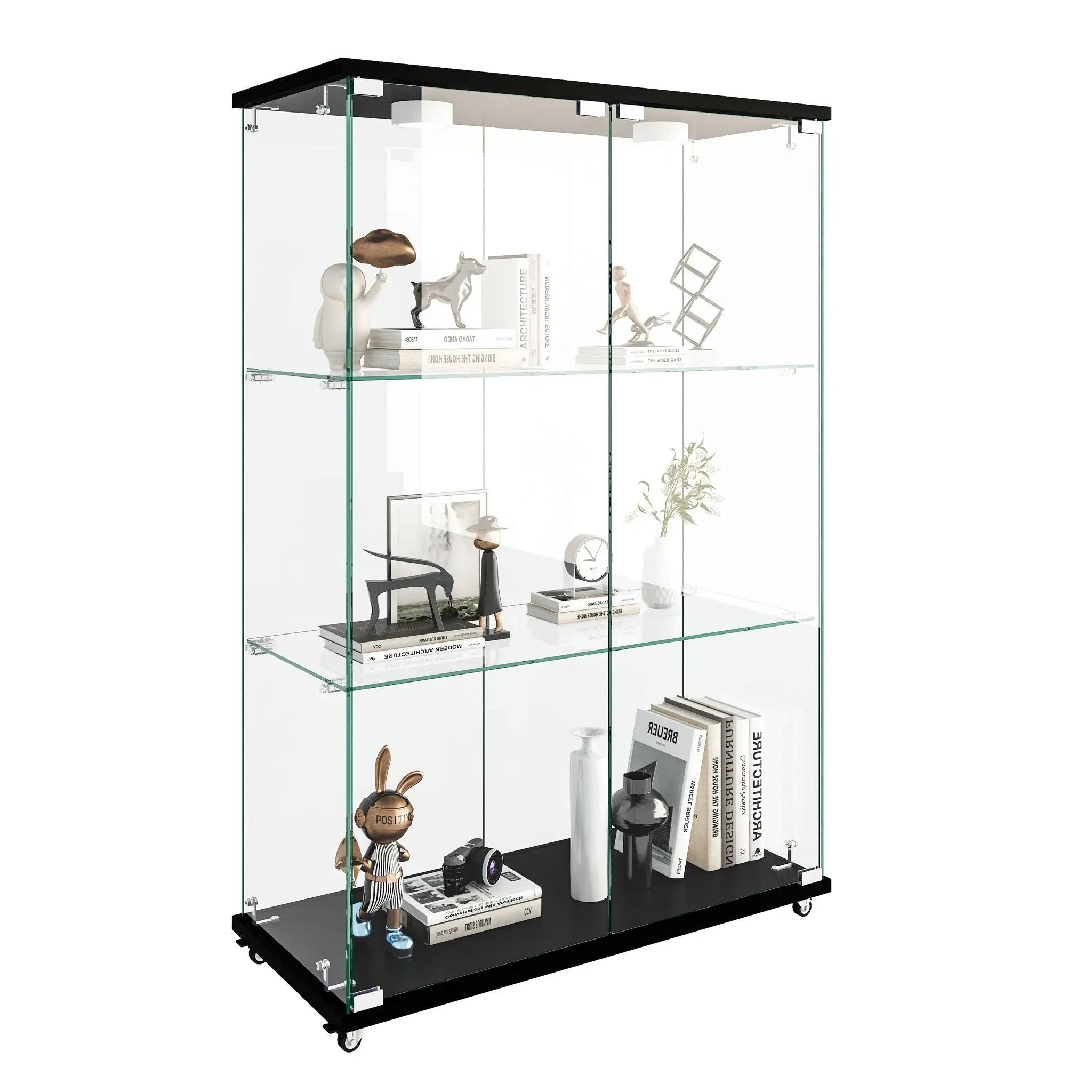 Modern Display Cabinet With LED Lights, Transparent Tempered Glass 2 Door Storage Case With 3 Shelves by HouseOfZazla