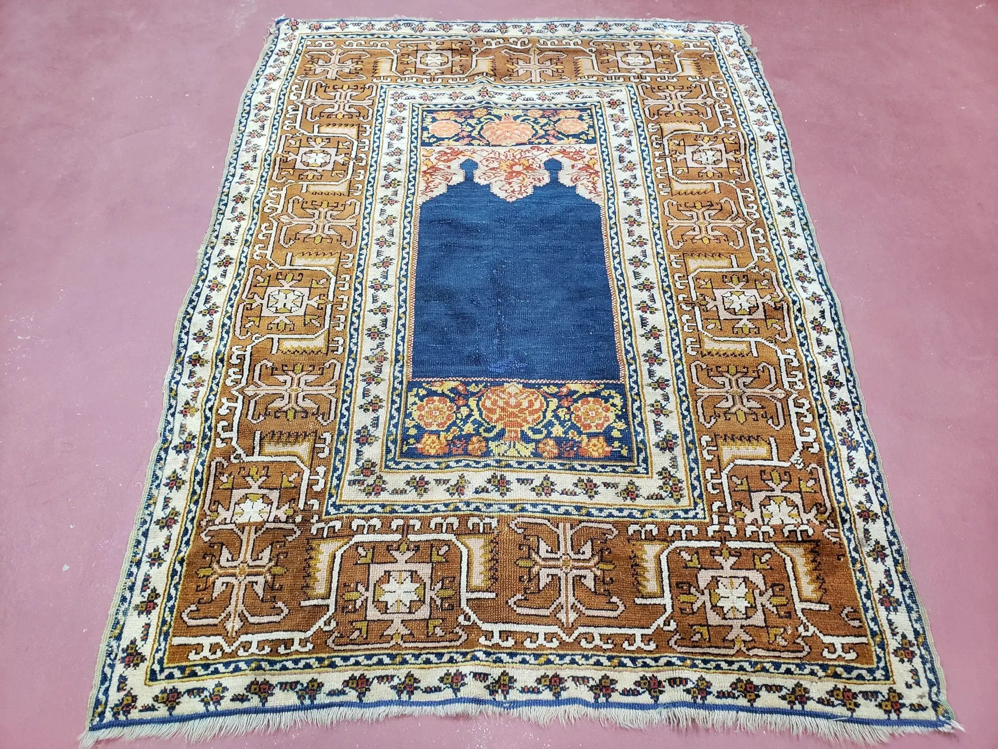 Antique Turkish Anatolian Ghiordes Prayer Rug, Twin Mihrabs, Rare Collectible Oriental Rug, Early 20th Century Prayer Rug, 3'9" x 5'2" by Jewel Rugs