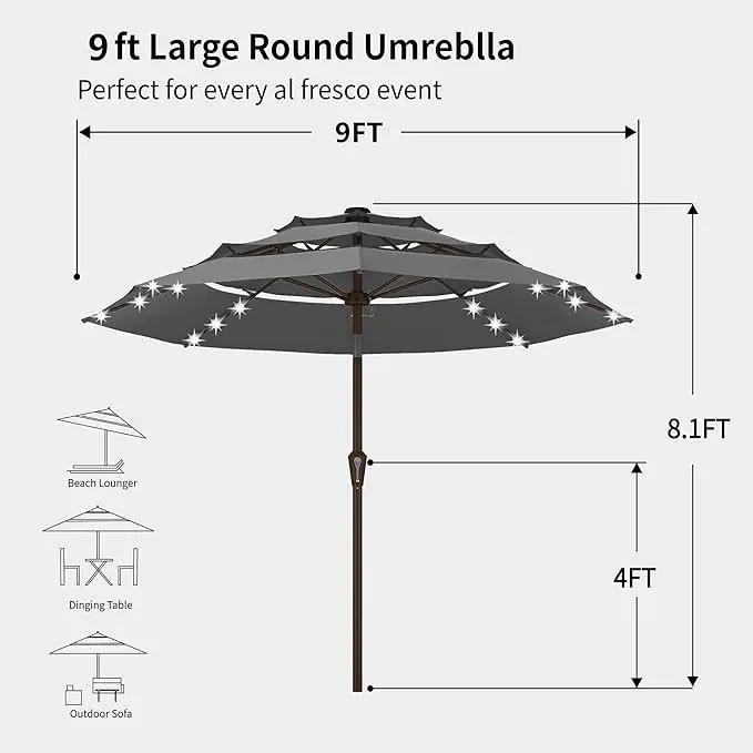 Kingdura 9ft 3-Tier Patio Umbrella with Solar Lights, Table Umbrella Outdoor Patio with Easy Crank & Tilt, 8 Sturdy Ribs, UV Protection, 32 LED Lights for Deck, Poolside, Market (Grey) by GreenHaven Gardens