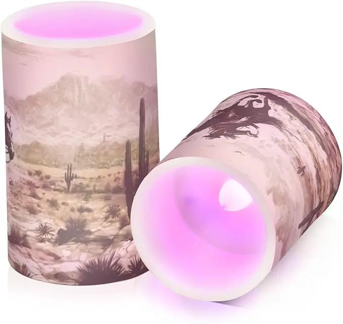 Western Desert Cowboy Flameless Candles with Remote Control and Timer, Adjustable Brightness Long Lasting Battery Operated LED Pillar Candles for Indoor Outdoor Party Home Decor, 2 Pack by GreenHaven Gardens