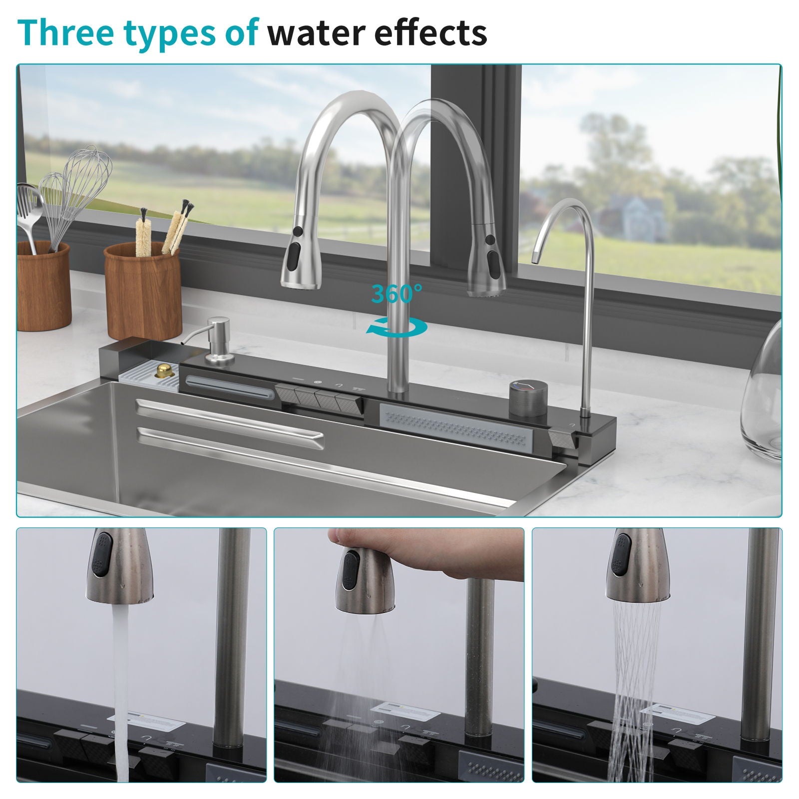 Kitchen Waterfall Sink Single Bowl With LED Faucet, Ledge Workstation, And Multi Function Pull Out Spray - Brushed Nickel by HouseOfZazla
