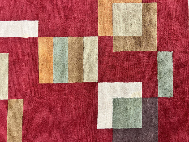 Indo Tibetan Modern Rug 5x8, Abstract Rug 5 x 8 ft, Red Multicolor Wool Handmade Contemporary Area Rug by Jewel Rugs