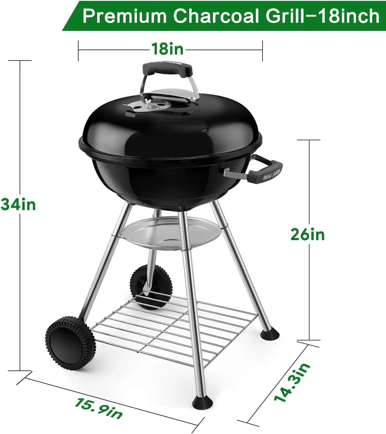BEAU JARDIN Charcoal Grill 18 Inch for Outdoor Cooking BBQ Barbecue Coal Kettle Bowl Grill Portable Heavy Duty Round with Wheels Grilling for Tailgating Patio Backyard Camping Black BG4691 by GreenHaven Gardens