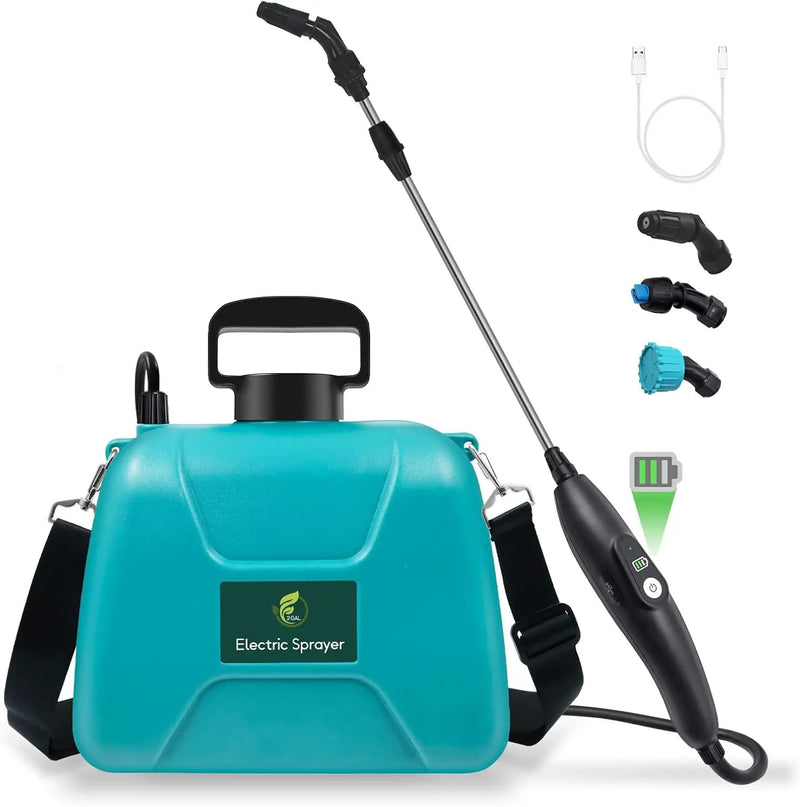 2 Gallon Battery Powered Garden Sprayer, Electric Sprayer with USB Rechargeable Handle, 3 Mist Nozzles, Retractable Wand, Water Pump Sprayers with Adjustable Shoulder Strap for Yard, Lawn and Garden by GreenHaven Gardens
