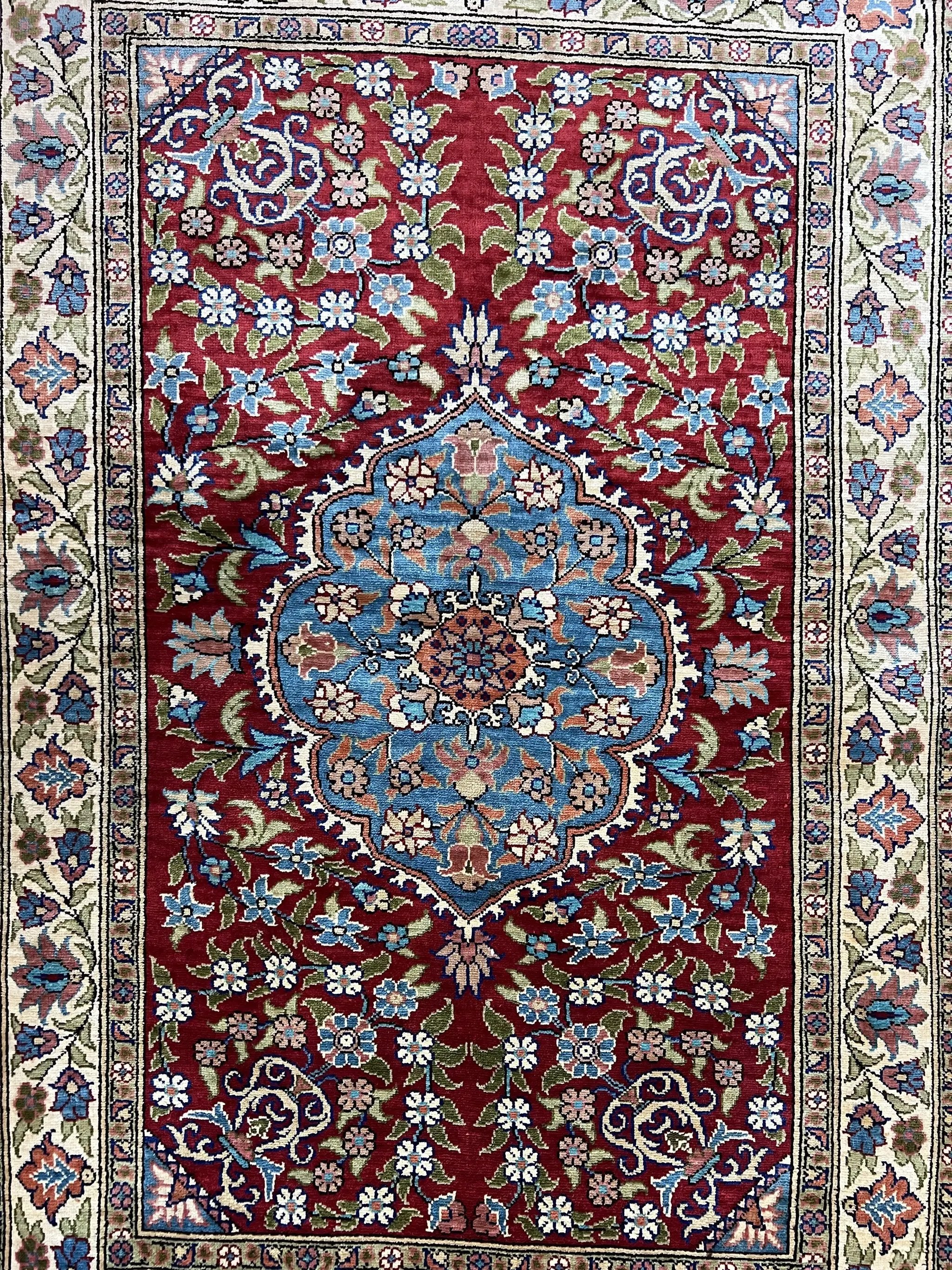 Silk Turkish Kayseri Rug 2x3, Small All Silk Turkish Carpet, Red and Light Blue, Very Fine Hand Knotted Semi Antique Vintage Handmade Rug by Jewel Rugs