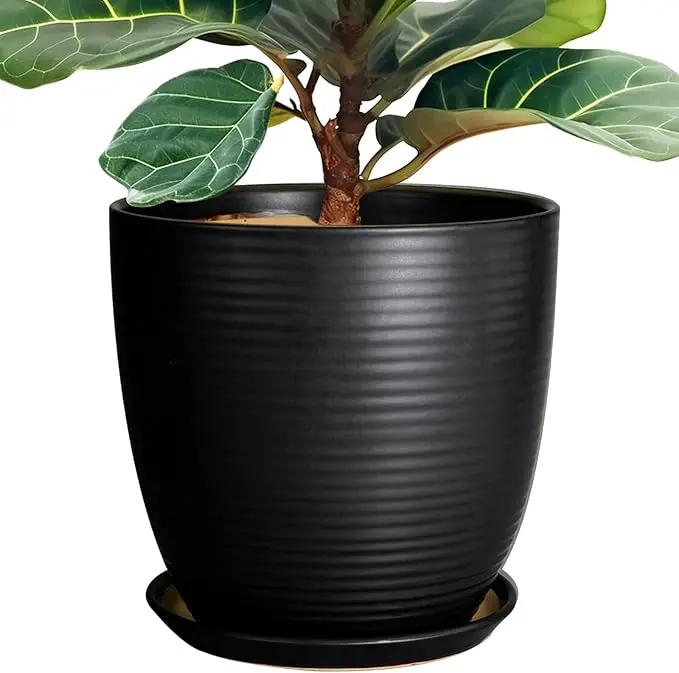 12 Inch Pots for Plants - Ceramic Planter Pot, Large Flower Pot with Drainage Hole and Saucer for Home Patio Garden Office Indoor Outdoor, Black by GreenHaven Gardens