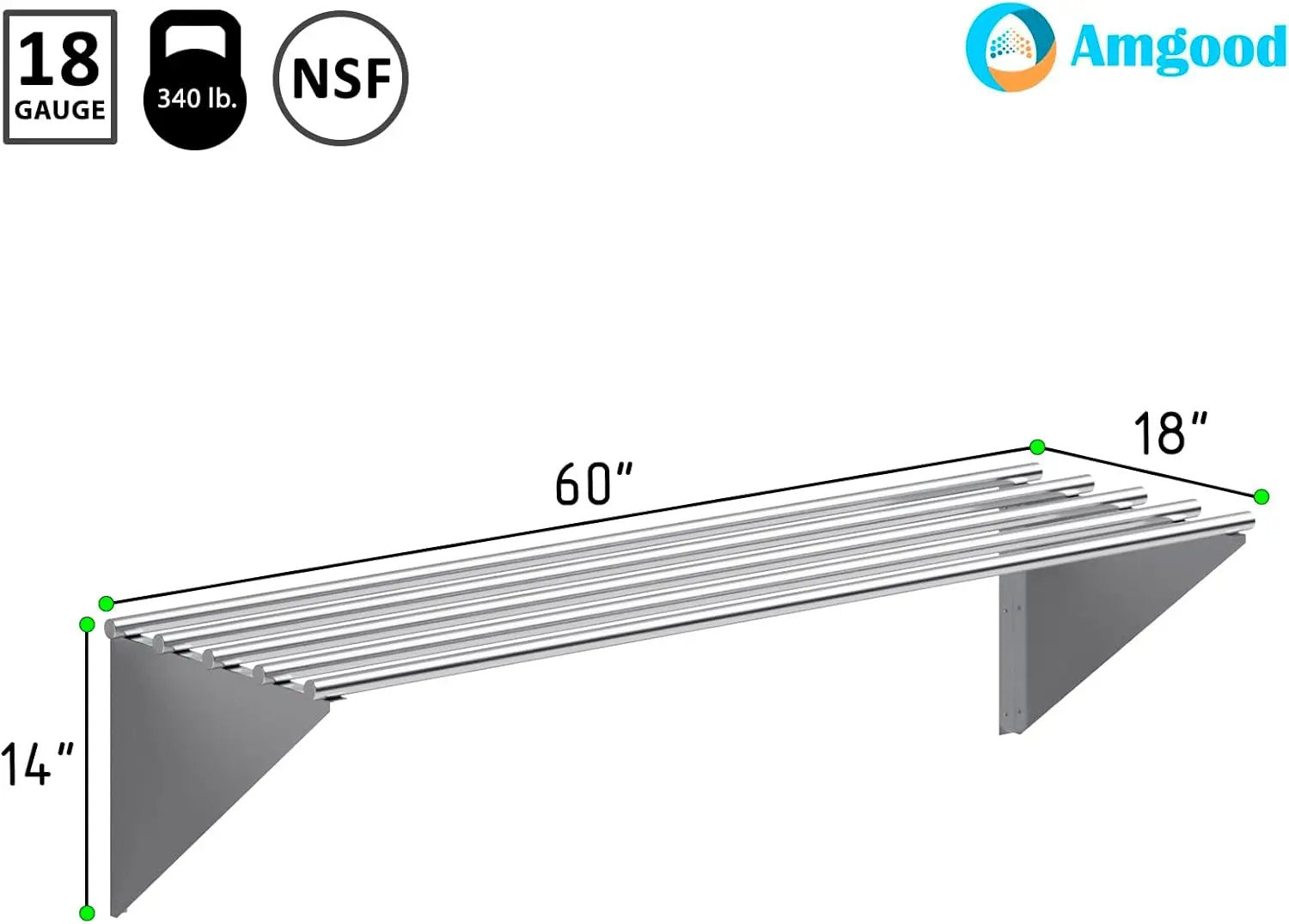 AmGood 18 in. x 60 in. NSF Stainless Steel Tubular Wall Shelf | Heavy-Duty Metal Shelving for Appliances & Equipment | Ideal for Kitchen, Restaurant, Garage, Laundry, Utility Room by GreenHaven Gardens
