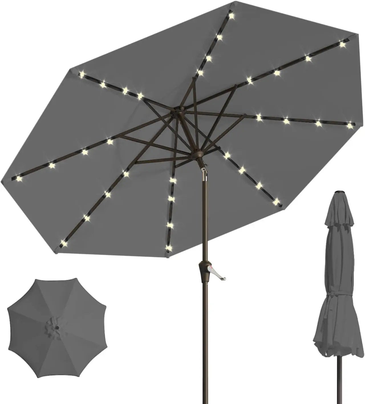 10FT Solar Umbrella 32 LED Lighted Patio Umbrella Table Market Umbrella w/Tilt and Crank, UV-Resistant Outdoor Umbrella for Pool, Garden, Deck, Gray by GreenHaven Gardens