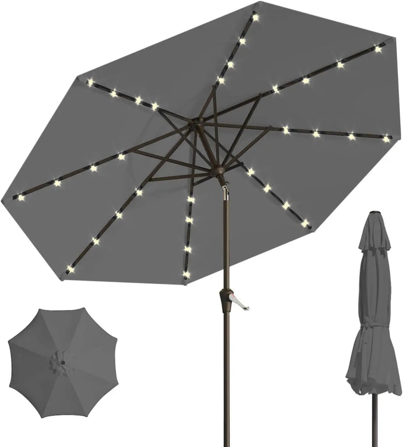 10FT Solar Umbrella 32 LED Lighted Patio Umbrella Table Market Umbrella w/Tilt and Crank, UV-Resistant Outdoor Umbrella for Pool, Garden, Deck, Gray by GreenHaven Gardens