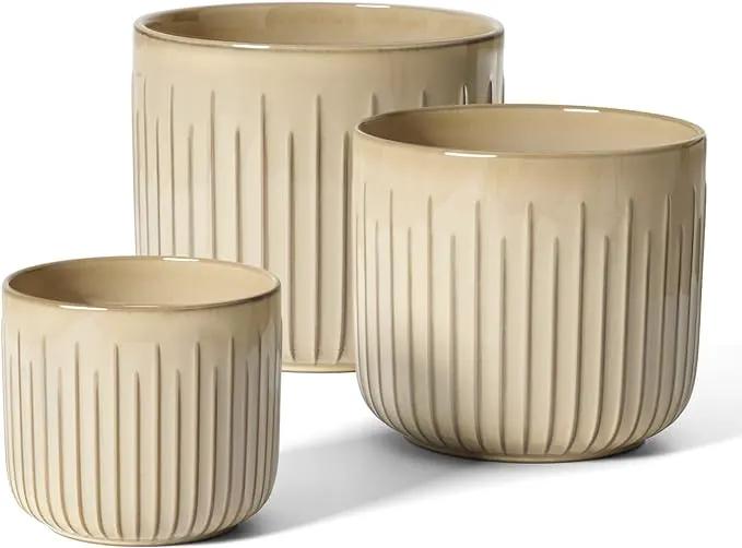 LE TAUCI Fluted Ceramic Planters Set of 3 – 8.3/7 / 5.7 in Cloud Cream Reactive Cylinder Indoor Plant Pots with Drainage Plug & Mesh, Glossy Stoneware Flower Pots for Succulents Herbs by GreenHaven Gardens