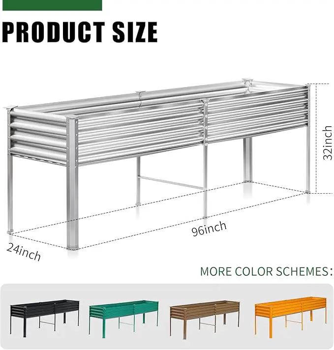 Land Guard Galvanized Raised Garden Bed with Legs, 96×24×32in Raised Garden Beds Outdoor with Drainage Holes, Planter Boxes Outdoor for Backyard, Patio, Balcony, 800lb Capacity, Silver by GreenHaven Gardens