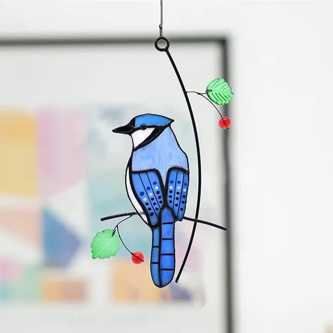 Lolitarcrafts Blue Jay Modern Stained Glass Window Hangings Blue Birds Suncathers for Window by GreenHaven Gardens