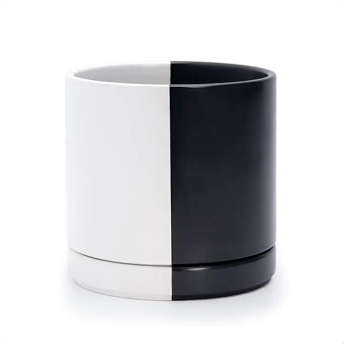 D'vine Dev 8.2 Inch Ceramic Planter Pot with Drainage Hole and Saucer, Indoor Cylinder Round Planter Pot, Split Monochrome Black & White, 94-O-D-0 by GreenHaven Gardens
