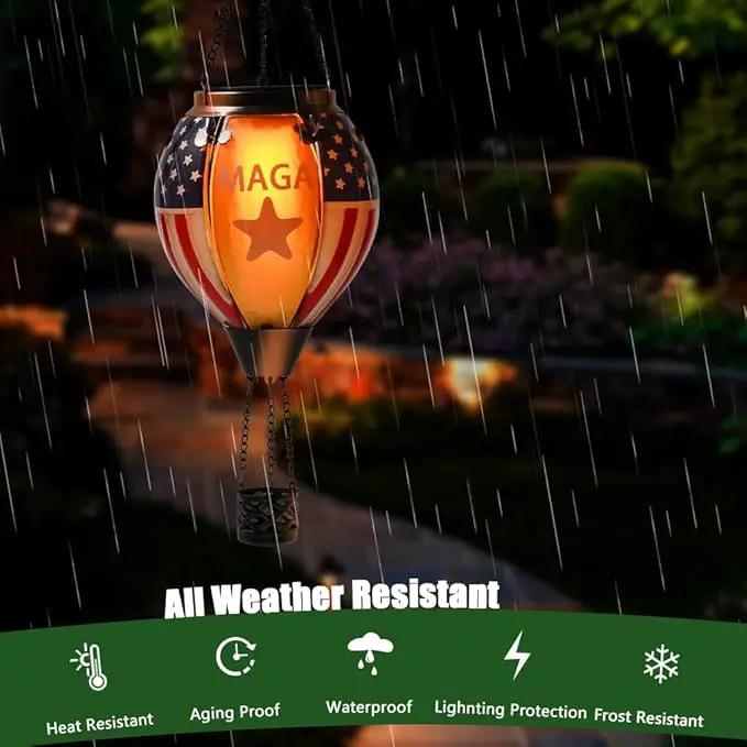 U.S Flag Hot Air Balloon Solar Lantern - MAGA Simulated Flickering Flame Stained Glass Light for Outdoor, Yard Hanging/ Waterproof IP65, Ideal 4th of July Gift for Patriot Veterans Patio Decor by GreenHaven Gardens