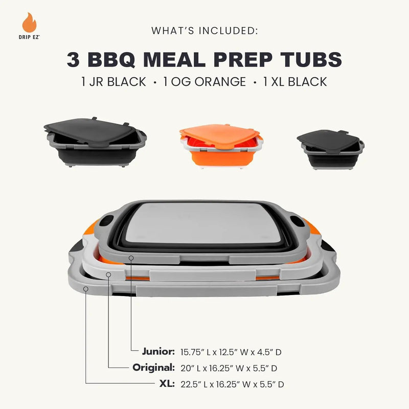 Drip EZ Collapsible BBQ Prep Tubs 3-Piece Set- For Meal Prep Marinating Food Storage - Includes Cutting Board & Lid - (1) JR - Black + (1) OG - Orange + (1) XL - Black by GreenHaven Gardens