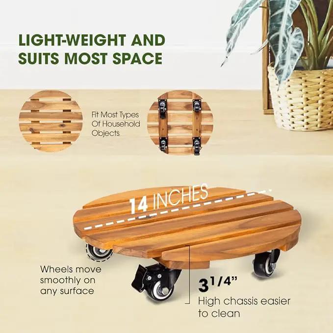 Idzo 2-Pack 14 Inch Acacia Wood Rolling Round Plant Caddy, Plant Caster for Heavy Duty Plant Stand with 360° Lockable Wheels, 264 lbs Capacity Caddy for Indoor and Outdoor Use, Natural Wood by GreenHaven Gardens