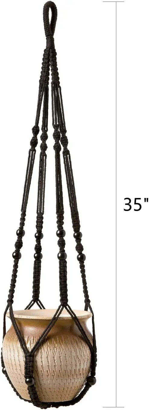 Mkono Macrame Plant Hanger Indoor Hanging Planter Basket with Wood Beads Decorative Flower Pot Holder No Tassels for Indoor Outdoor Boho Home Decor 35 Inch, Black, Set of 3 (POTS NOT Included) by GreenHaven Gardens