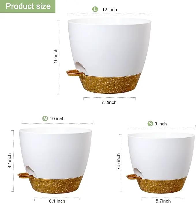 12/10/9 inch Large Self Watering Pots, Plant Pots with Mesh Drainage Holes for Indoor Outdoor Garden Plants, Flower Pots with Deep Reservoir, 3 Pack Plastic Planters, White with Brown by GreenHaven Gardens