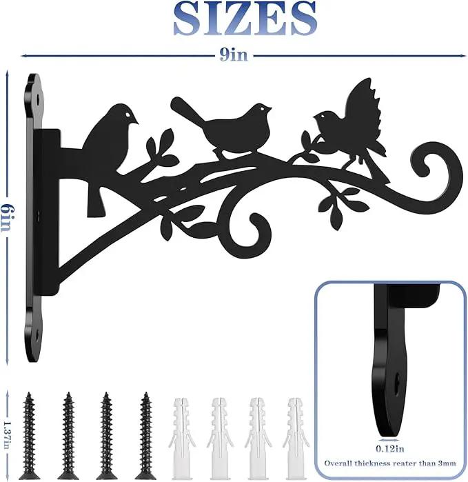 Metal Hanging Plant Bracket with Birdie Pattern 2 Pack – Heavy Duty Plant Hooks for Hanging Flower Baskets，Plants, Bird Feeder, Wind Chime - Indoor/Outdoor Use，Black Matte Texture (9 in) by GreenHaven Gardens