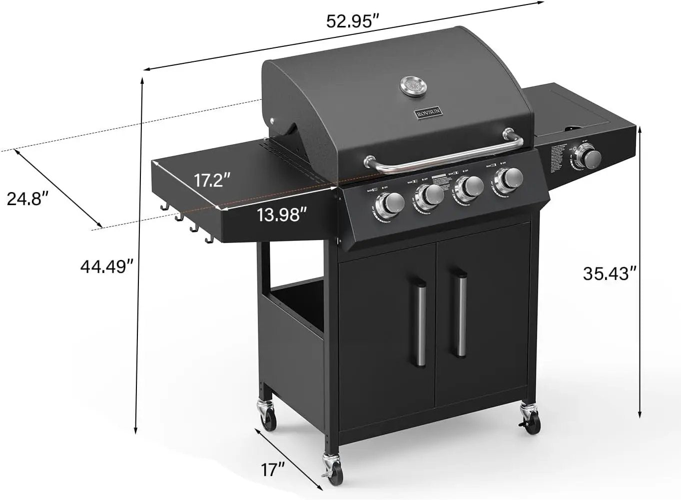 ROVSUN 4-Burner Propane Gas BBQ Grill with Side Burner & Enameled Cast Iron Grates, 58,000 BTU Barbecue Grill with Wheels for Outdoor Patio Backyard Cooking Grilling, Black by GreenHaven Gardens