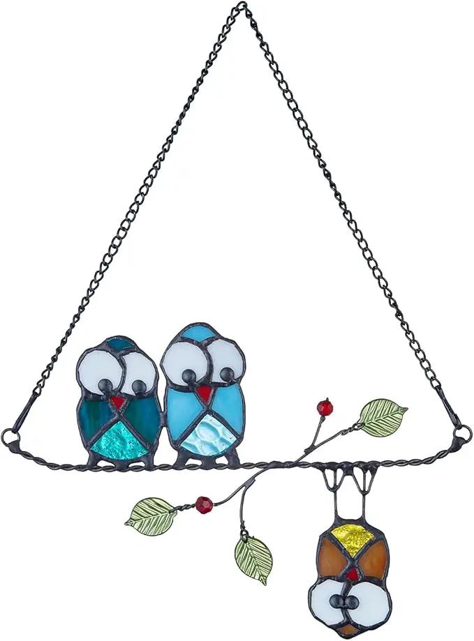 Stained Glass Birds,owl,Stained Glass Window Hanging,Multicolor Owls on The Living Tree with Green Leaf and red Berries,Bird suncatcher for Windows Room Home,Bird Deco,Gift for Mom,and Bird Lovers. by GreenHaven Gardens