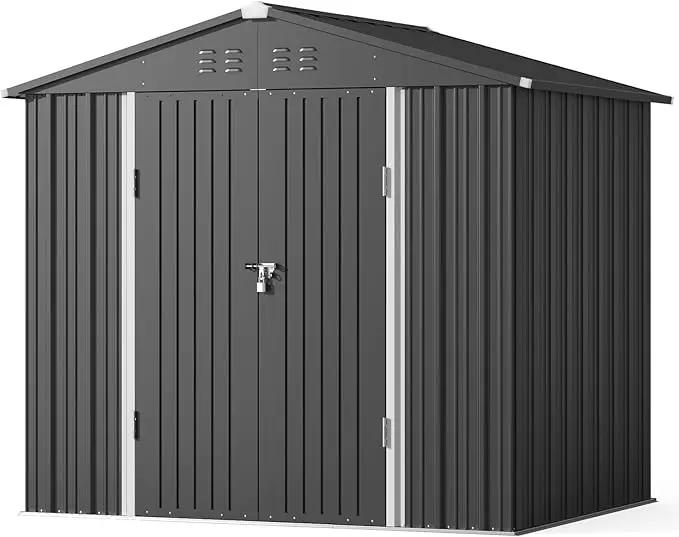 Gizoon Outdoor Storage Shed 8 x 6 FT, Galvanized Metal Garden Shed with Double Lockable Doors, Outdoor Storage Clearance for Backyard Patio Lawn-Dark Grey by GreenHaven Gardens