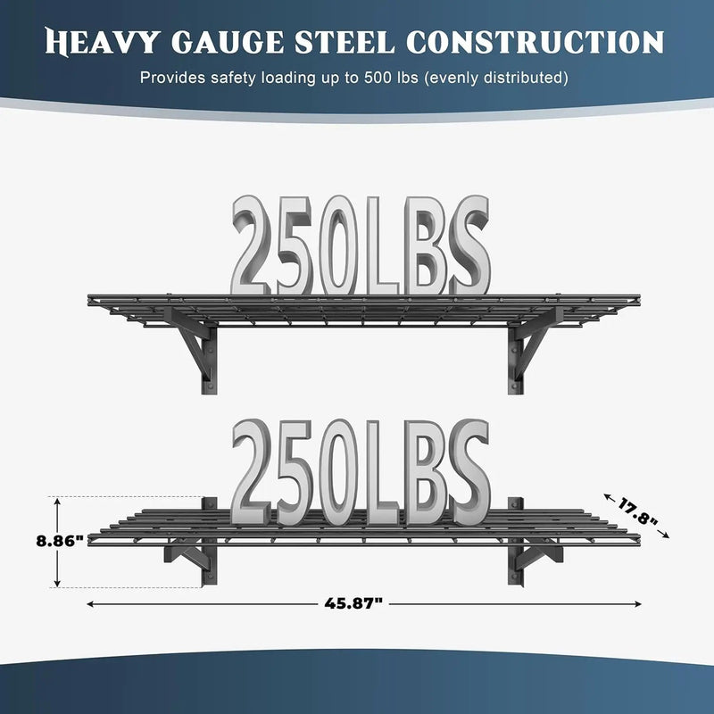 2 Pack Heavy Duty Garage Wall Shelving Set (1.5x4ft), Wall Mounted Garage Shelves 500lbs Capacity, 18"x48" Shelf Storage Rack Floating Shelves, Black by GreenHaven Gardens