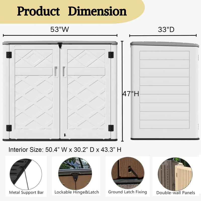 ZZM Large Outdoor Storage Shed, 48 Cu Ft Resin Versatile Storage Cabinet for Patio Accessories, Trash Cans & Garden Tools, Durable Horizontal Storage Box with Lockable Lid (White) by GreenHaven Gardens