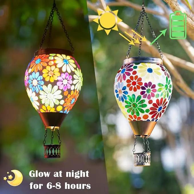 Starsoul Mosaic Flowers Hot Air Balloon Solar Lantern Glass Outdoor Hanging Hot Air Balloon Solar Flickering Flame Light Waterproof Garden Patio Yard Party Decorations by GreenHaven Gardens