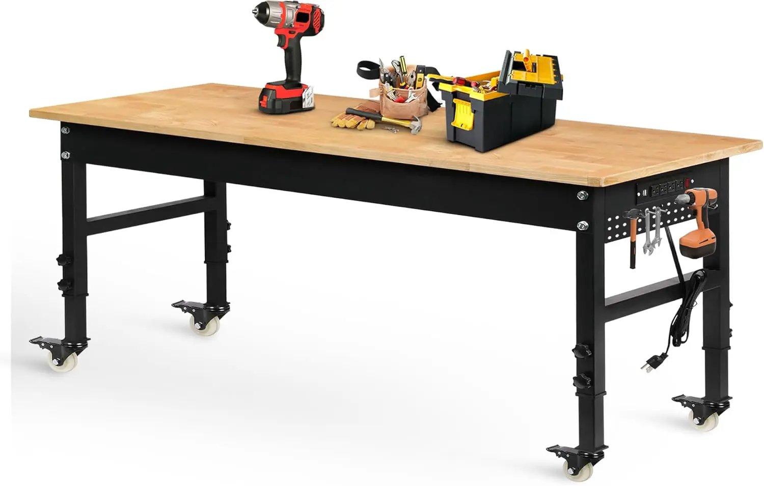 70" Adjustable Workbench on Wheels, 2000 LBS Heavy Duty Work Table with Power Outlets & Pegboard, Rubber Wood Workstation for Garage, Workshop, Office, Home, Commercial by GreenHaven Gardens