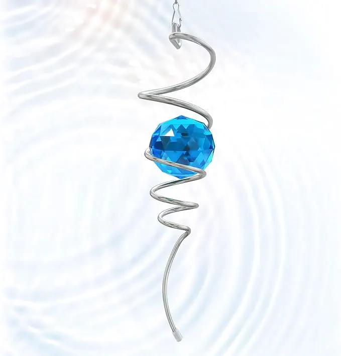 Gazing Ball Spiral Tail, Wind Spinner Spiral Peacock Blue Crystal Orb with Swivel Hook, Sun Catcher Rainbow Maker Hanging Decor for Yard Garden Rotating Art Ornaments Great Gifts 13" Height by GreenHaven Gardens