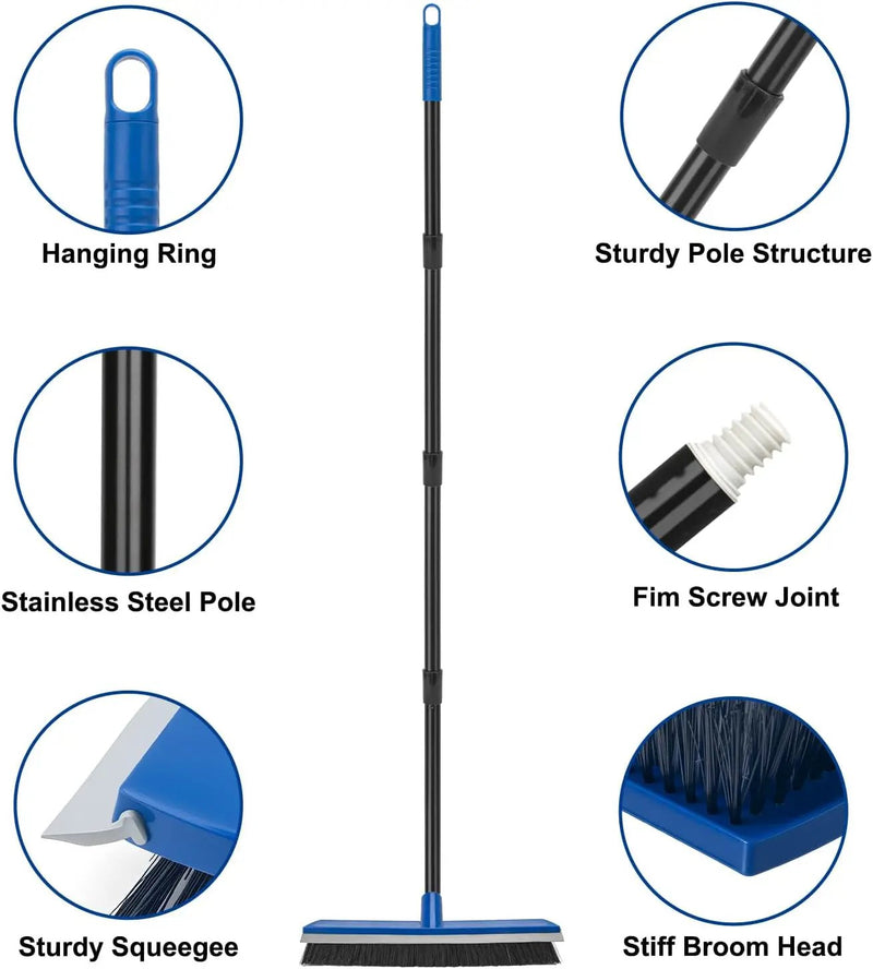 16 Inch Push Broom Outdoor 2 in 1 with Rubber Squeegee and Stiff Bristle Deck Brush 58" Long Handle for Deck Patio Garage Warehouse Driveway Concrete Floor Cleaning Scrubbing(Blue) by GreenHaven Gardens