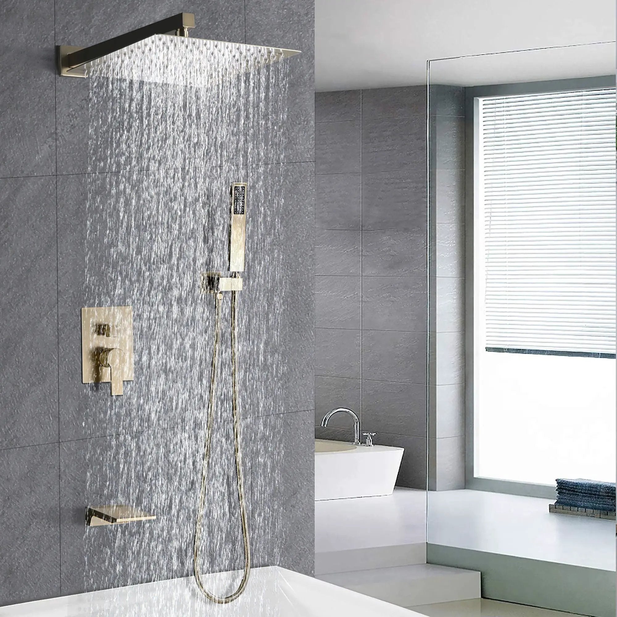 Tub Shower Faucet Set With 12" Rain Shower Head And Handheld Spray Combo by HouseOfZazla