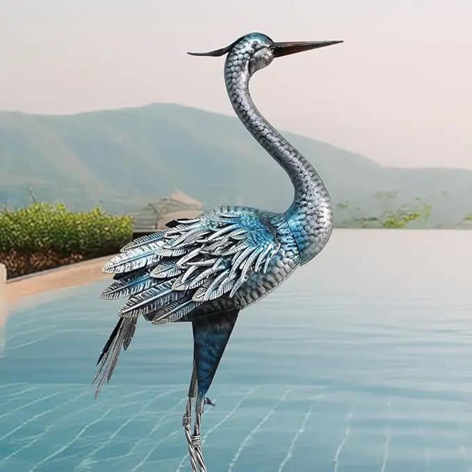 Crane Garden Decor Statue, Blue Heron Garden Statue Metal Yard Art Outdoor Decoy, Garden Sculptures & Statues for Yard/Garden/Lawn/Pond/Outdoor Decoration, 1Pc by GreenHaven Gardens