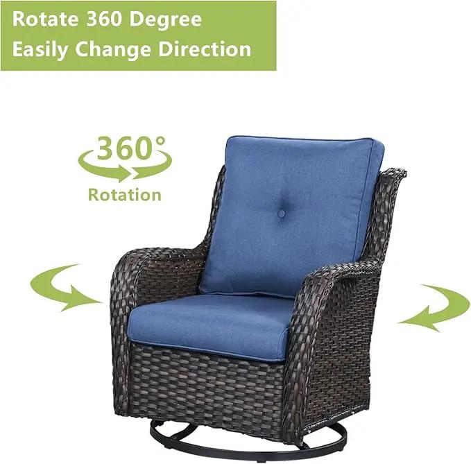 Outdoor Patio Swivel Rocker Chairs - Wicker Rattan Patio Swivel Rocking Chairs Set of 2 with High Back,Deep Seating and Comfort Cushions for Deck Porch Garden,Brown/Blue by GreenHaven Gardens