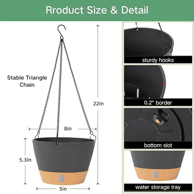 QCQHDU 2 Pack 8 inch Hanging Planters for Indoor Plants, Outdoor Hanging Baskets, Self Watering Pots with Drainage Holes & Removable Tray (Dark Grey, 8 inch) by GreenHaven Gardens