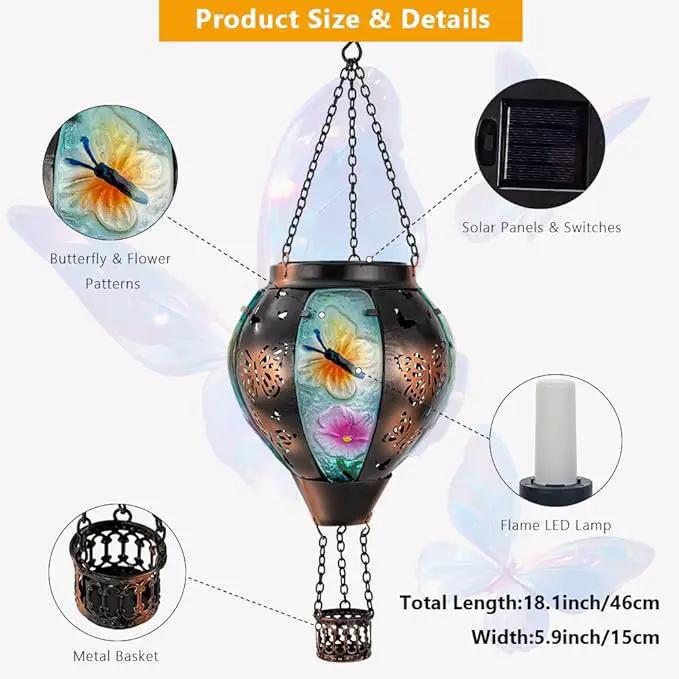DREAMSOUL Butterfly Hot Air Balloon Solar Lantern, Glass & Metal Outdoor Lantern Hanging Solar Lanterns Outdoor Waterproof for Garden Patio Party by GreenHaven Gardens