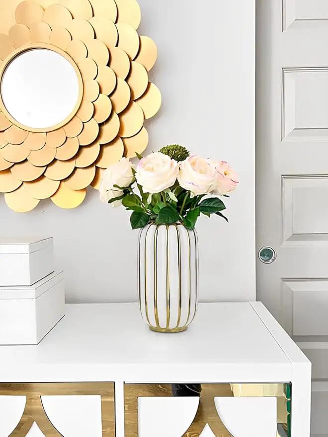 Briful Gold Plated Lantern Ceramic Vase Home Decor Creative Design Porcelain Decorative Flower Vase 8.66'' White Ceramic Vases for Wedding Anniversary Decoration by GreenHaven Gardens