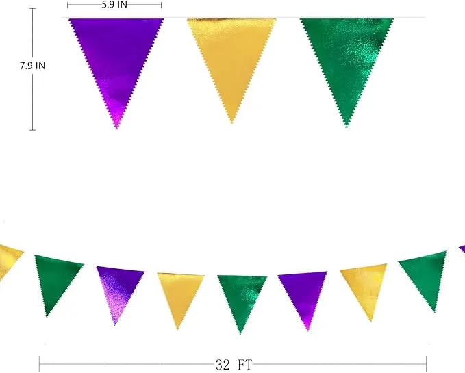 Mardi Gras Party Decorations Purple Green and Gold Metallic Fabric Triangle Pennant Banner Flag Hanging Bunting Garland for Birthday Wedding Baby Shower Bridal Shower Holiday Masquerade Party Supplies by GreenHaven Gardens