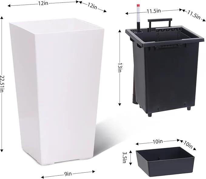 22.5" Tall Planters Set of 2, Outdoor＆Indoor Black Planter Pots, High Front Porch Planter Pots with Drainage Holes＆Water Level Monitor＆Inner Bucket, Automatic Watering, White by GreenHaven Gardens