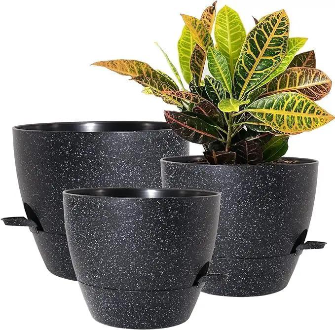 10/9/8 inch Self Watering Pots, Set of 3 Plastic Planters with Mesh Drainage Holes and Deep Reservoir for Indoor Outdoor Garden Plants and Flowers, Black Speckles by GreenHaven Gardens