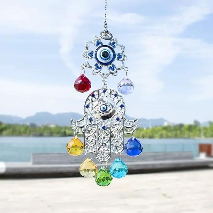 Hamsa Hand with Blue Evil Eye Protection Hanging Crystal Ornament with Chakra Energy Crystal Balls by GreenHaven Gardens