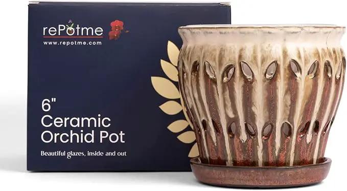 rePotme 6" Pinwheel Fluted Ceramic Plant Pot (Honey Cream Over Copper) - Great for Orchids, Succulents, and All Indoor Plants by GreenHaven Gardens
