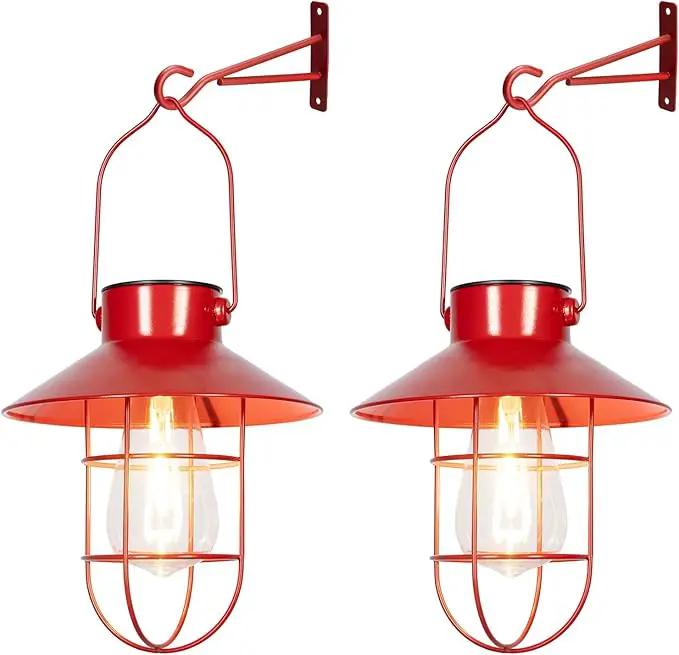 pearlstar Solar Lanterns Outdoor Christmas Metal Solar Powered Hanging Lights Waterproof for Wall Barn Yard Garden Patio Garage Balcony Porch Fence Decor, Warm White Edison Bulb (Red-2pack) by GreenHaven Gardens