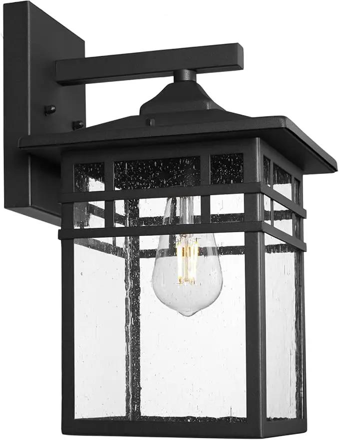 Outdoor Light Fixture Wall Mount, Black Exterior Light Fixture Wall Sconces with Seeded Glass for Front Porch, 9 Inch Large Waterproof Outdoor Square Wall Lantern Outside for House Doorway by GreenHaven Gardens