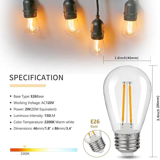 S14 Replacement LED Light Bulbs, Shatterproof & Waterproof 2W S14 Edison LED Bulbs, Outdoor String Lights, E26 Base Patio Lights, Warm White 2200K Plastic 150ML Non-Dimmable 15 Pack by GreenHaven Gardens