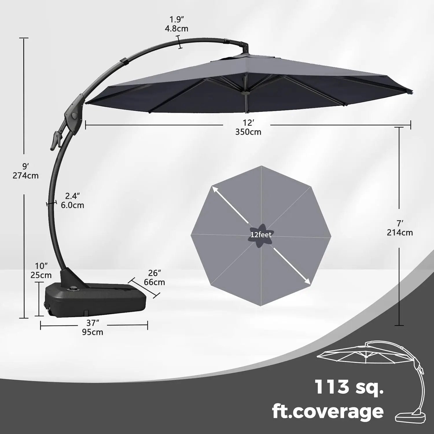 Grand patio 12 FT Sunbrella Cantilever Umbrella with Base Outdoor Aluminum Offset Umbrella with Tilt Adjustment (Charcoal, 12 FT-SUNBRELLA) by GreenHaven Gardens